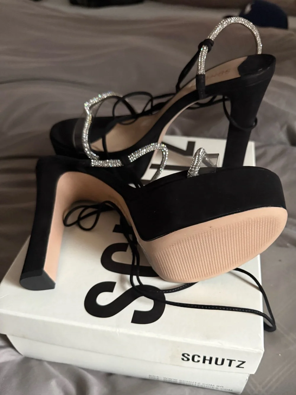 SCHUTZ Black Suede Brilliant platform sandals with Crystal and Clear Strap